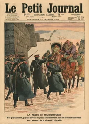 Plaga en Manchuria, personas huyendo de la plaga son detenidas por tropas chinas antes de la Gran Muralla, ilustración de 